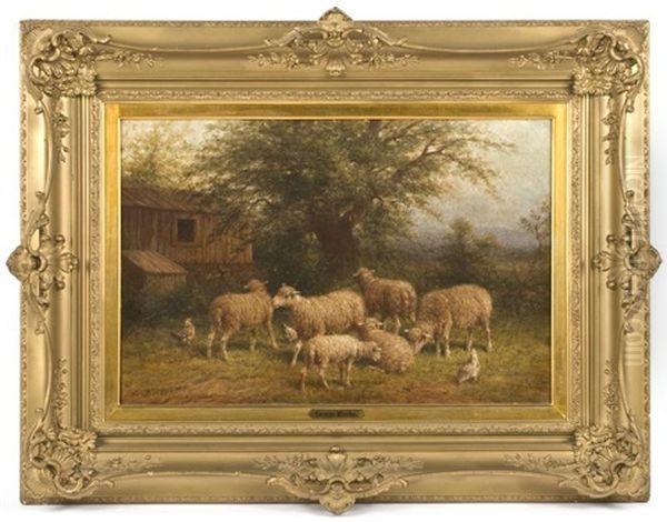 Sheep In A Rural Landscape... Oil Painting by George Riecke