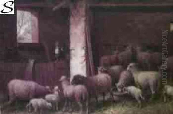 Barn Interior With Sheep And Rooster Oil Painting by George Riecke