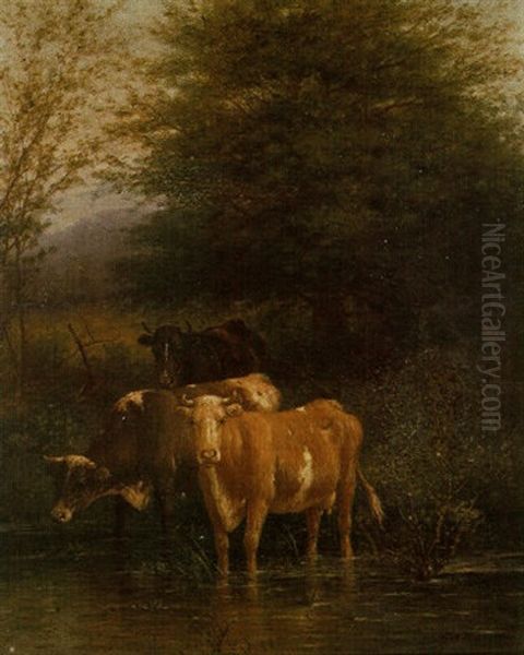 Cattle Watering Oil Painting by George Riecke