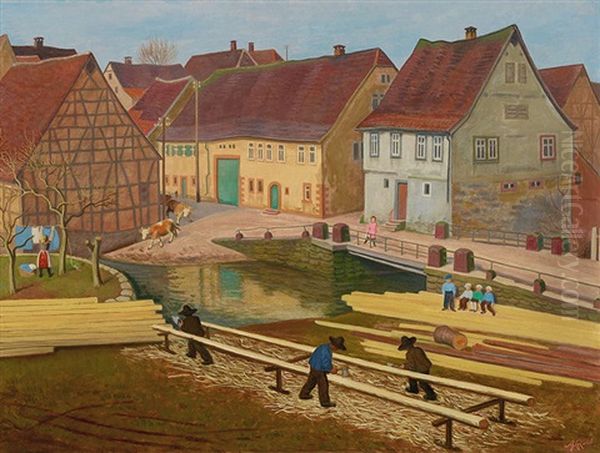 Dorfszene Mit Zimmermannen Oil Painting by Arthur Riedel