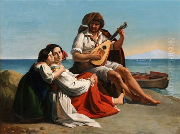 A Neapolitan Fisherman And His Family Oil Painting by August Heinrich Riedel