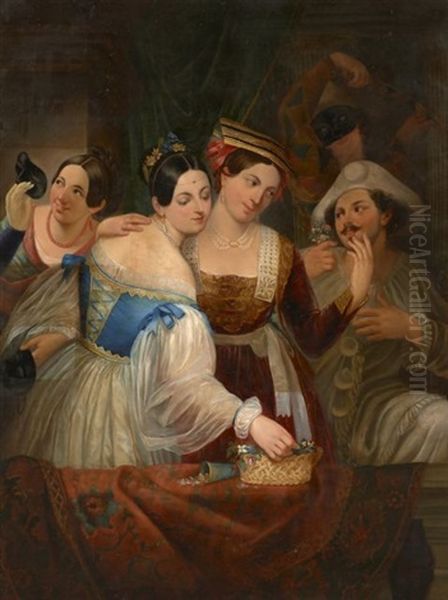 Le Carnaval Des Elegantes Avec Arlequin Oil Painting by August Heinrich Riedel