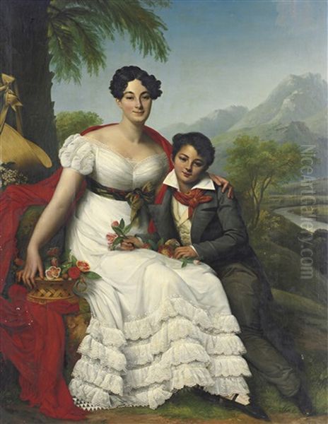 Portrait Of A Lady And Her Son Oil Painting by August Heinrich Riedel