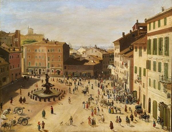 Rom. Piazza Barberini Oil Painting by August Heinrich Riedel