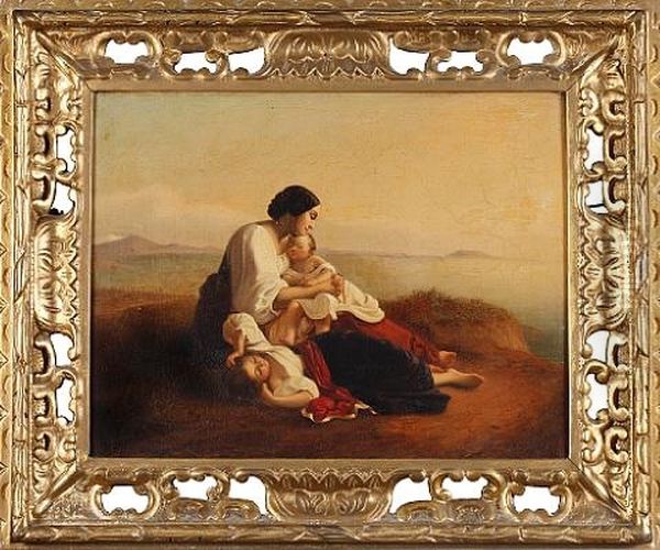 An Italian Contadina With Her Children Oil Painting by August Heinrich Riedel