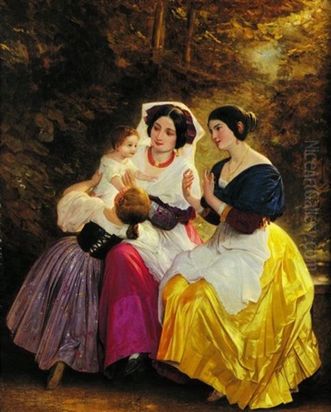 Deux Jeunes Femmes Jouant Avec Des Enfants Dans Un Sous Bois Oil Painting by August Heinrich Riedel