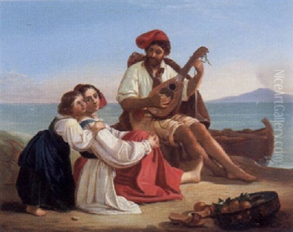 Neapolitanische Fischerfamilie Am Meeresufer, Dem Mandolinenspiel Des Vaters Lauschend Oil Painting by August Heinrich Riedel