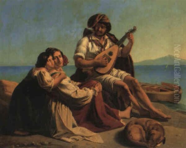 Strandparti Med Neapolitansk Fiskerfamilie Oil Painting by August Heinrich Riedel