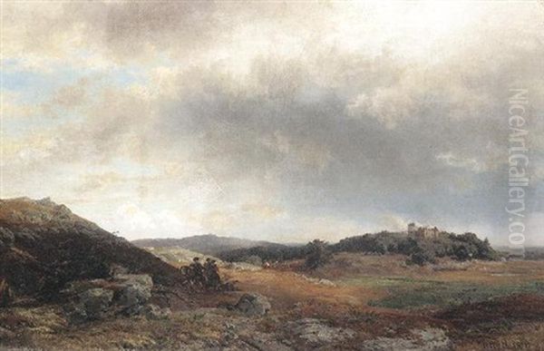 Weite Mittelgebirgslandschaft Mit Einem Ritterzug Oil Painting by Wilhelm Riedel