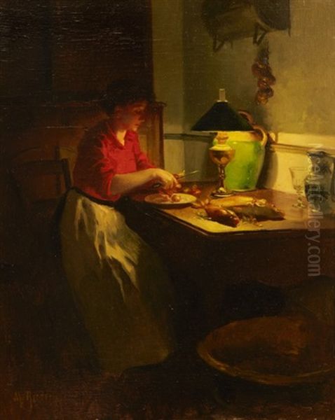 Cuisiniere Preparant Un Plat De Poissons Oil Painting by Marcel Rieder