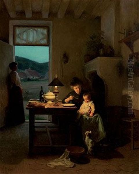 Le Repas Du Bebe Sous La Lampe Oil Painting by Marcel Rieder