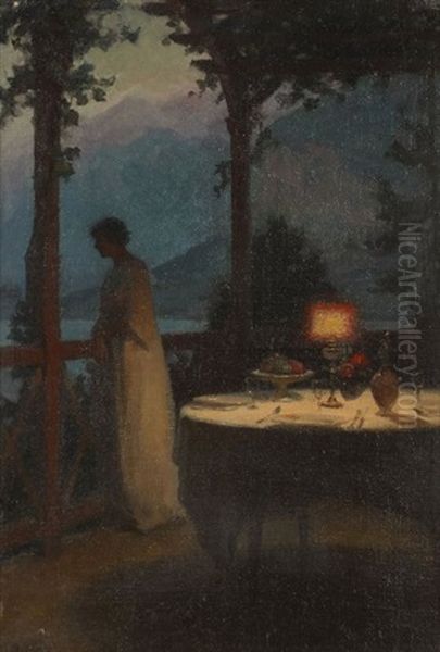 Jeune Femme Pensive Sur Une Terrasse Au Clair De Lune Oil Painting by Marcel Rieder