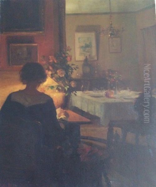 Femme A La Lecture Dans Un Interieur Le Soir Oil Painting by Marcel Rieder