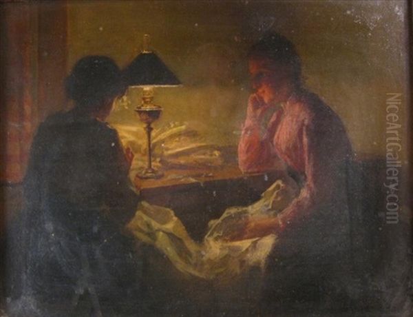 The Sewing Lesson (le Lecon De Tricot) Oil Painting by Marcel Rieder