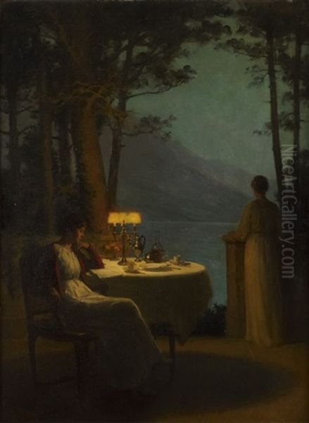 Deux Jeunes Femmes Dinant Sur Une Terrasse by Marcel Rieder