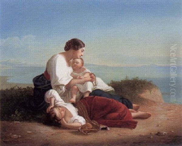 Italienerin Mit Schlafenden Kindern Am Meeresufer Oil Painting by August Riedl