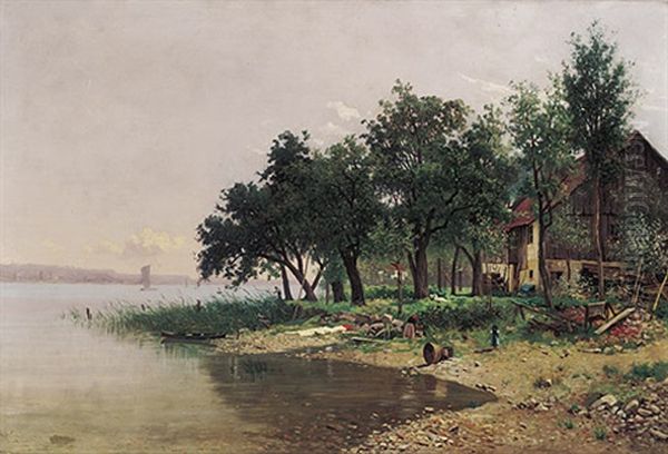 Idyll Am Bodensee Mit Malerischem Gehoft Und Blick Uber Den See An Einem Sonnigen Sommertag Oil Painting by Franz Xaver Von Riedmuller