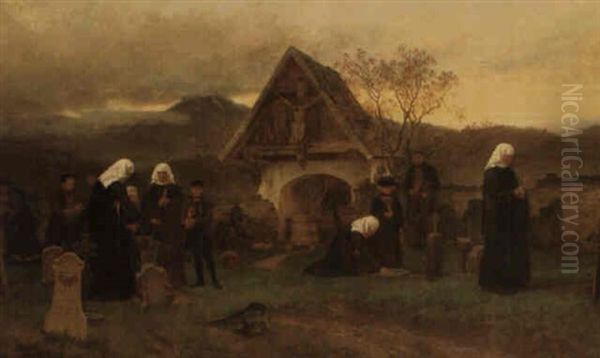 All Saints Day In The Cemetery In Egg Oil Painting by Wilhelm Ludwig Friedrich Riefstahl