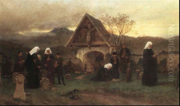 All Saints Day In The Cemetery In Egg Oil Painting by Wilhelm Ludwig Friedrich Riefstahl