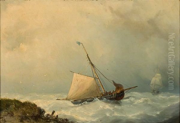 Sturmische Marine Mit Zwei Segelschiffen In Ufernahe Oil Painting by Nicolaas Riegen