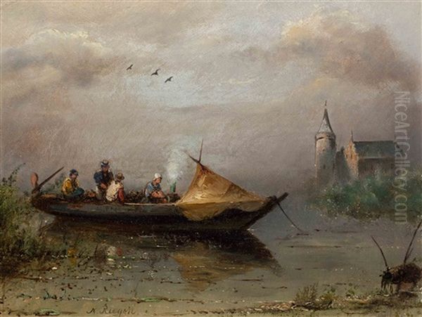 Fishing Boat At Anchor In The Morning Mist Oil Painting by Nicolaas Riegen