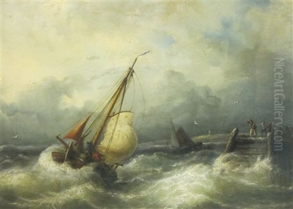 Fishing Vessels Off A Harbour Wall In A Storm, Possibly At Texel Oil Painting by Nicolaas Riegen