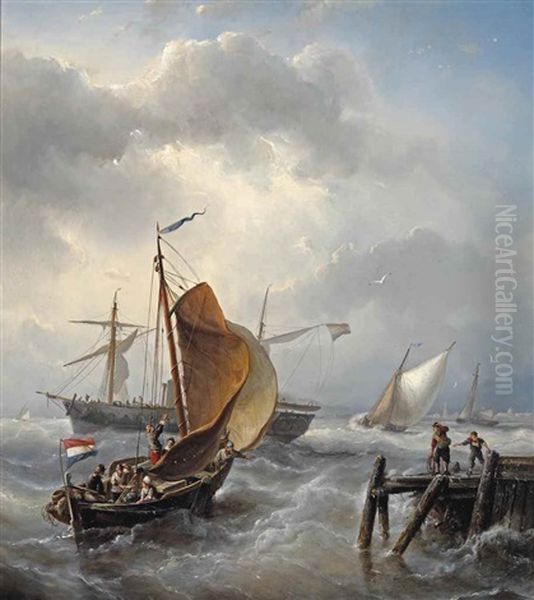 Ships Near The Harbour Entrance Oil Painting by Nicolaas Riegen