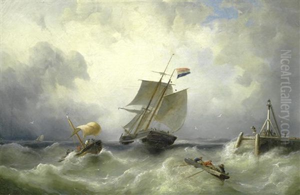 Ships In A Stormy Sea Oil Painting by Nicolaas Riegen