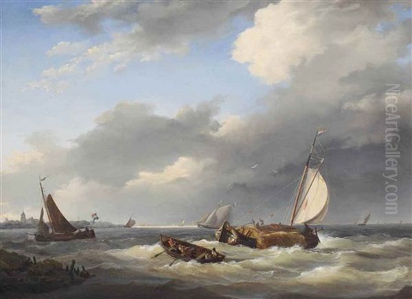 A Haybarge On Choppy Waters Oil Painting by Nicolaas Riegen