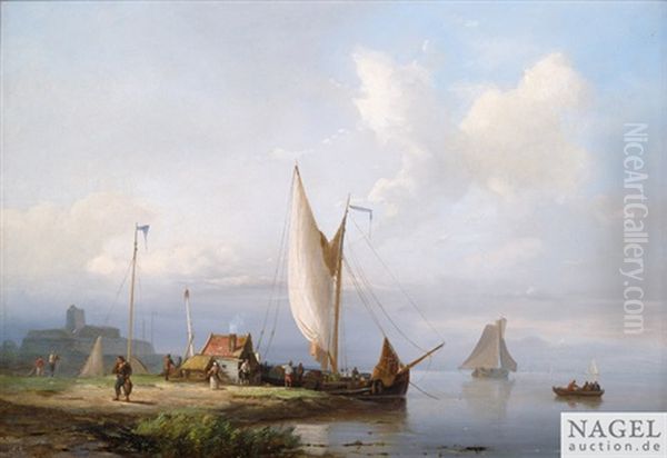 Hollandische Flusslandschaft Mit Segelbooten Und Fischern An Einer Hutte Oil Painting by Nicolaas Riegen