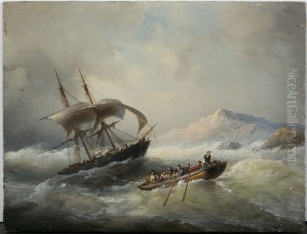 Scene Of Ship On Stormy Seas Near The Shore Oil Painting by Nicolaas Riegen