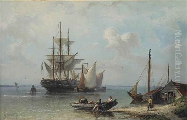 A Moored Three-master Near The Dutch Coast Oil Painting by Nicolaas Riegen