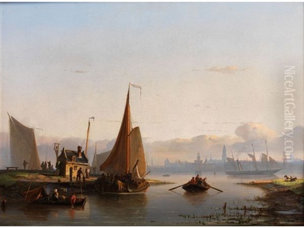 Flusslandschaft Mit Booten, Figuren Und Stadt Im Hintergrund Oil Painting by Nicolaas Riegen