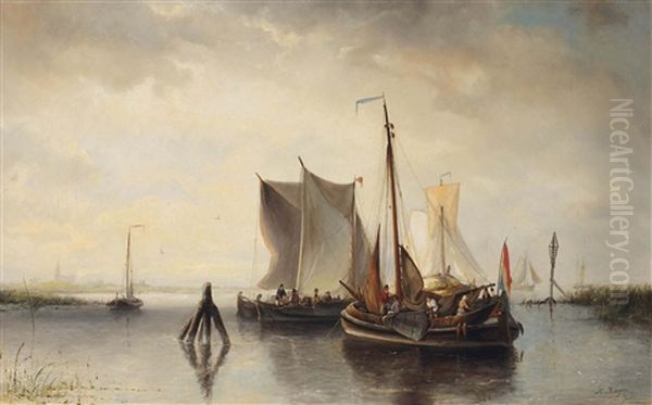 A River Landscape With Vessels In An Estuary Oil Painting by Nicolaas Riegen