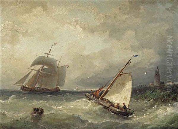 A Stiff Breeze With A Flatboat And A Two-master Near The Dutch Coast Oil Painting by Nicolaas Riegen