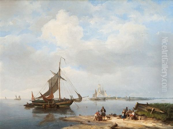 Fishing Boats Before The Silhouette Of The Island Texel Oil Painting by Nicolaas Riegen