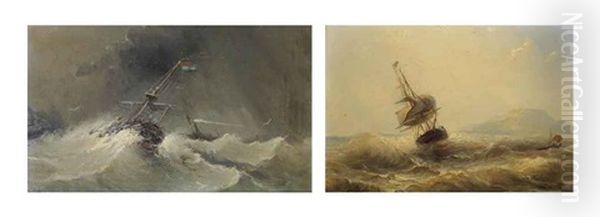 Ships In Choppy Waters (+ A Sailing Vessel And A Steamer In Heavy Weather; 2 Works) Oil Painting by Nicolaas Riegen