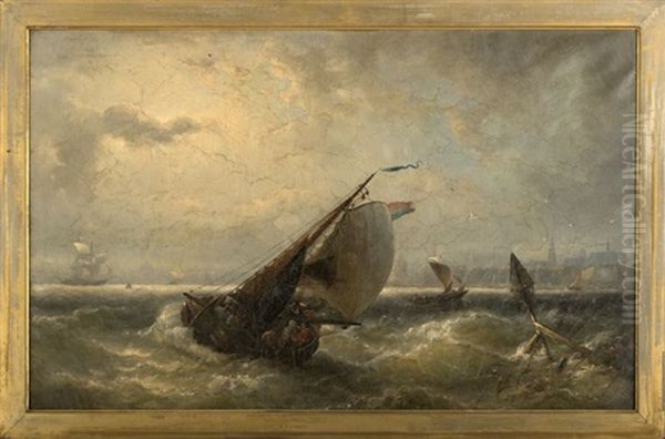 Fishing Vessels In Rough Waters Oil Painting by Nicolaas Riegen