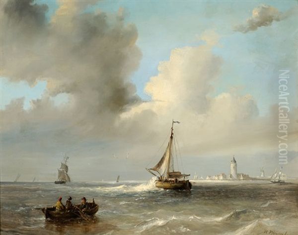 Men In A Barge And Sailing Boats Off A Coast Oil Painting by Nicolaas Riegen