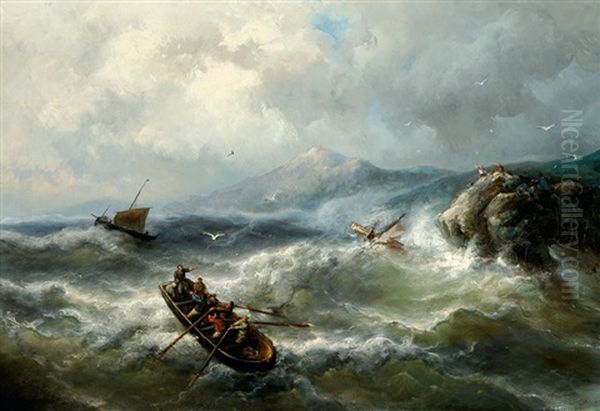 Men In A Barge And Shipwrecked People On A Rock Off A Coast Oil Painting by Nicolaas Riegen