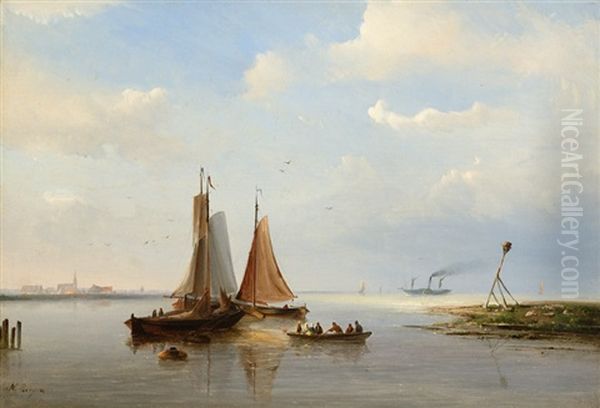 Three Boats By A River Mouth Oil Painting by Nicolaas Riegen