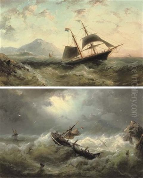 A Choppy Sea (+ The Shipwreck; Pair) Oil Painting by Nicolaas Riegen