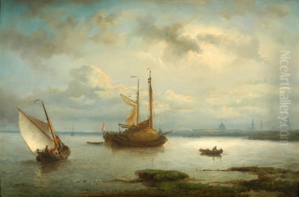 Frachtschiffe Vor Einem Hollandischen Hafen Oil Painting by Nicolaas Riegen