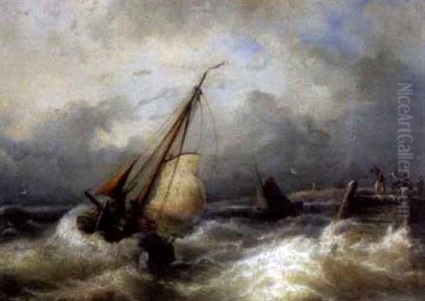 Fishing Boats In Distress, Figures On The Jetty Oil Painting by Nicolaas Riegen