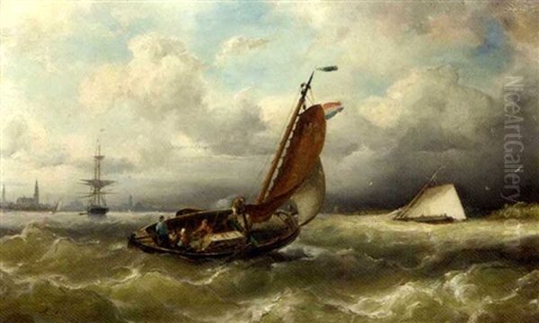 A Barge From Amsterdam On The Ij, Amsterdam In The Distance Oil Painting by Nicolaas Riegen