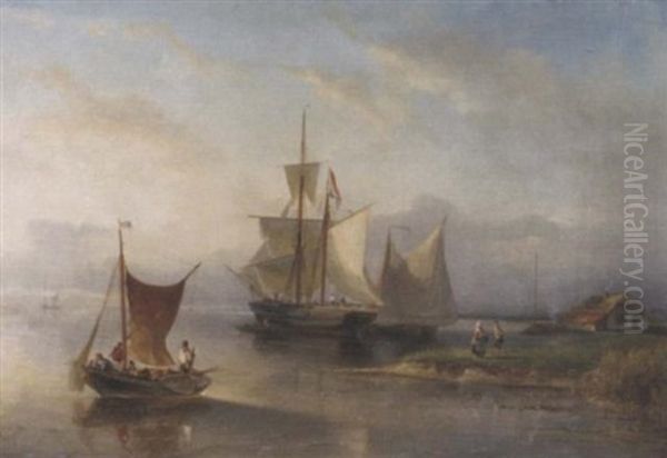 A Calm: Sailing Vessels In A River Estuary Oil Painting by Nicolaas Riegen