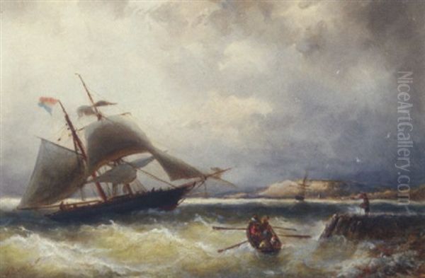 A Two-master In Choppy Waters By A Coast Oil Painting by Nicolaas Riegen