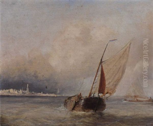 Ships At Sea With A View Of A Town Oil Painting by Nicolaas Riegen