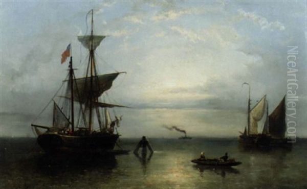 Barges Moored In A Calm: A Steamship In The Distance Oil Painting by Nicolaas Riegen