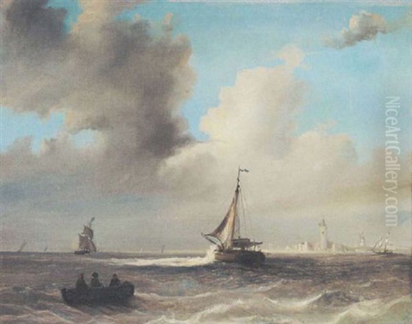 Shipping At The Mouth Of A Dutch River Estuary Oil Painting by Nicolaas Riegen